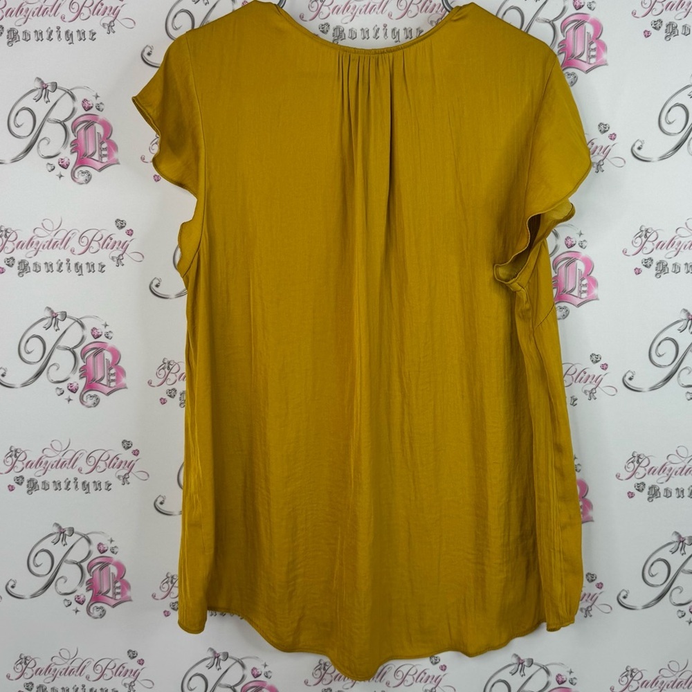 Jones New York tshirt button up ruffle sleeves pleated Mustard Blouse - Picture 2 of 8
